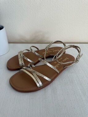 New kate spade gold-tone snake-embossed leather strappy flat sandals
